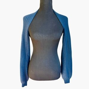 Eva Mendes blue knit ribbed ballet shrug sweater • size L/XL